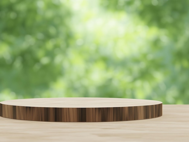 Pódio de exibição de produtos de madeira com folhas de natureza borradas em fundo renderização 3D