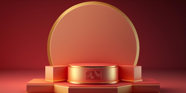 Pódio de exibição dourado em estilo oriental sobre fundo vermelho claro Criado com tecnologia Generative AI
