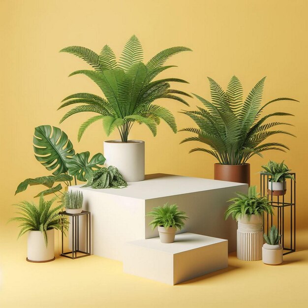 Foto pódio de exibição quadrada com plantas em fundo amarelo