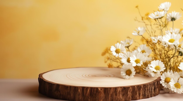 Pódio de fatia de madeira de beleza natural com flores brancas e amarelas em produtos cosméticos de fundo bege