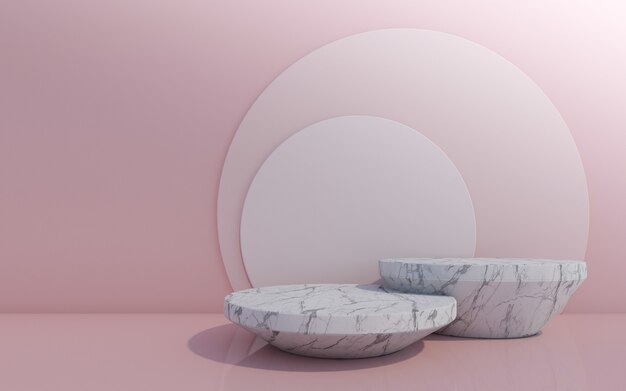 Pódio de frasco cosmético em fundo rosa. renderização 3d.