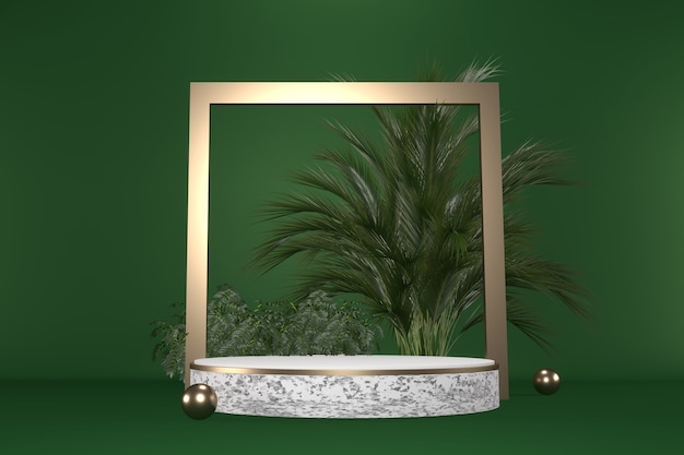 Pódio de granito tropical verde geométrico e decoração de plantas em fundo preto. renderização 3d