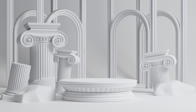pódio de luxo 3d com coluna romana para fundo de produto com fundo branco