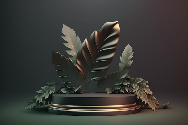 Pódio de luxo 3D com elementos dourados de folhas para exibição de produtos cosméticos ou de moda gerados por IA