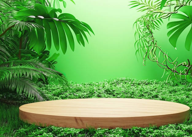 Pódio de madeira colocado no conceito ecológico de fundo verde floresta