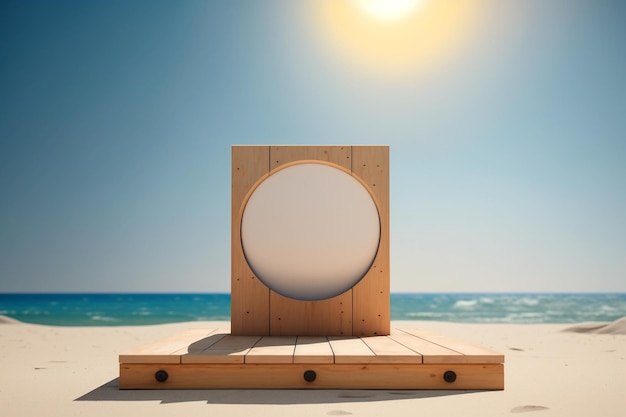 Pódio de madeira com espaço vazio com sol de verão e praia Generative AI