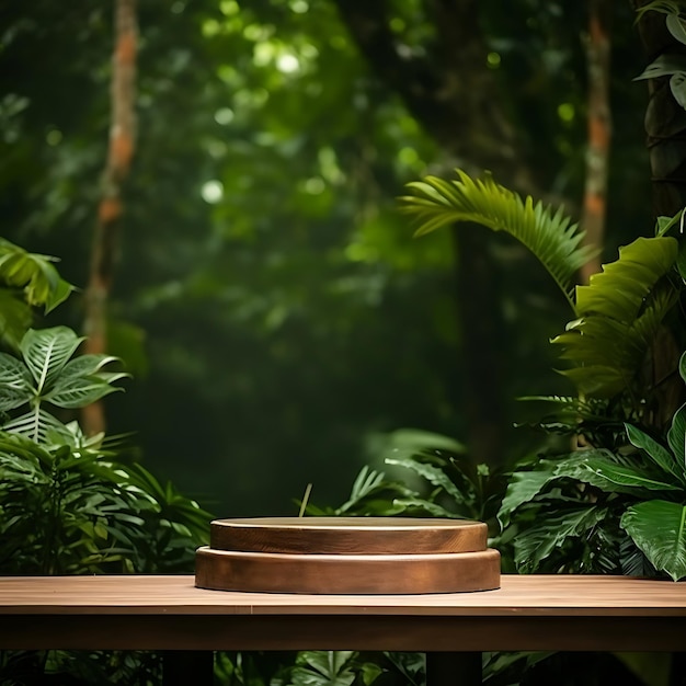 Pódio de madeira com fundo de floresta tropical para apresentação de produtos