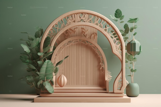 pódio de madeira elegante vazio 3d renderizado com plantas