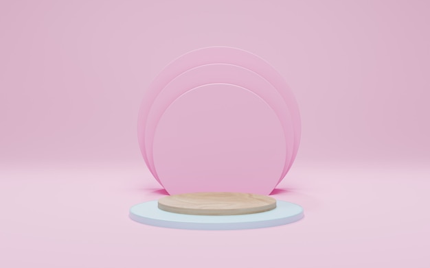 Pódio de madeira em fundo amarelo. Mock up para show de exibição de produtos cosméticos, pódio, pedestal de palco. Cena mínima abstrata com formas geométricas. 3d render