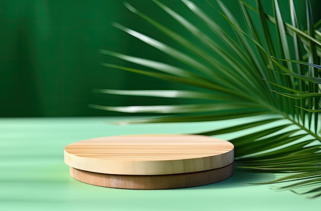 Pódio de madeira em fundo verde com folhas de palmeira renderização 3D