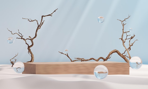 Pódio de madeira na areia para apresentação do produto Relaxamento de pedestal de beleza natural e ilustração 3d de saúde