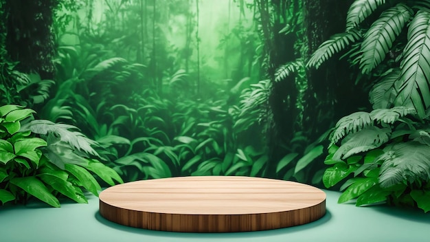 Pódio de madeira na floresta tropical para apresentação de produtos e fundo verde