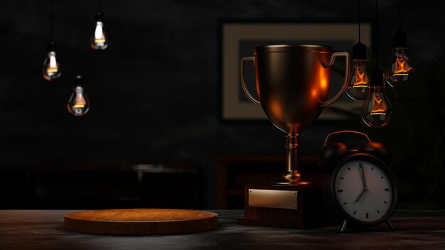 Pódio de madeira na sala escura da mesa de trabalho com relógio e troféu renderização em 3d