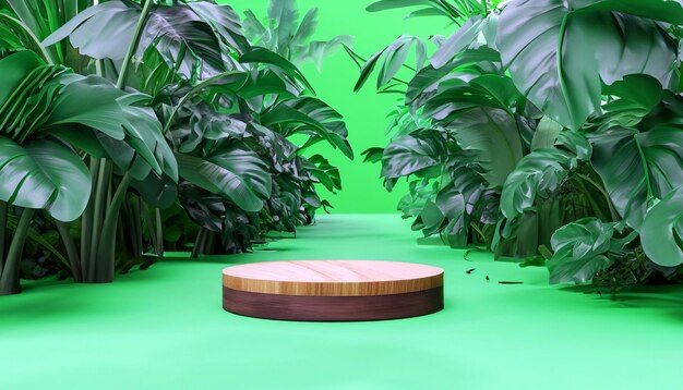 Pódio de madeira Nature's Elegance em meio a exuberante floresta tropical em renderização 3D Apresentação do produto Uma fusão de elegância e beleza da natureza