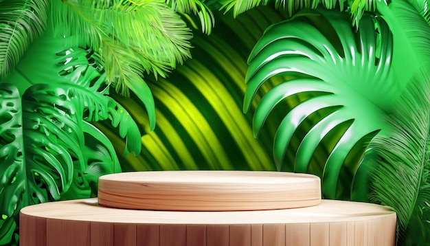 Pódio de madeira Nature's Elegance em meio a exuberante floresta tropical em renderização 3D Apresentação do produto Uma fusão de elegância e beleza da natureza