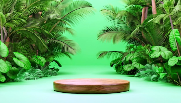 Pódio de madeira Nature's Elegance em meio a exuberante floresta tropical em renderização 3D Apresentação do produto Uma fusão de elegância e beleza da natureza