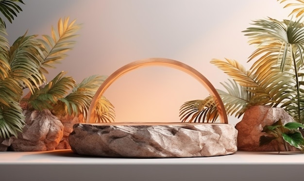 Foto pódio de maquete com maquete de luz de cena tropical de fundo de paisagem de pedra para exibição de produto ou vitrine