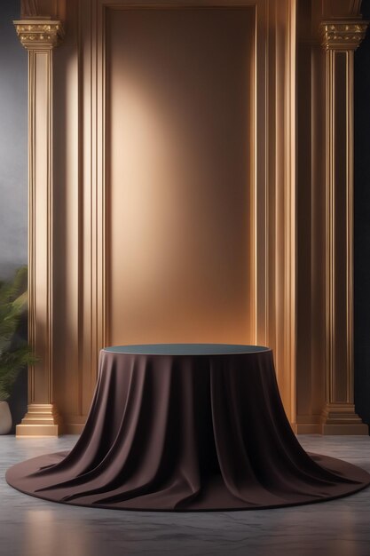 Foto pódio de maquete com tecido de seda de cor dourada colocado em fundo de elegância de pedestal premium de luxo