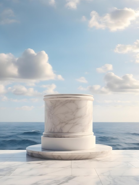 Foto pódio de mármore branco com fundo de céu oceano