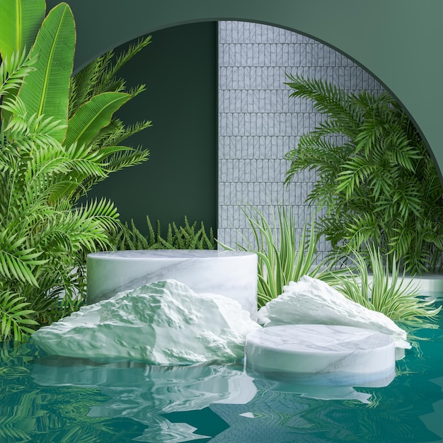 Pódio de mármore com água e fundo natural para renderização 3d de exibição de produto