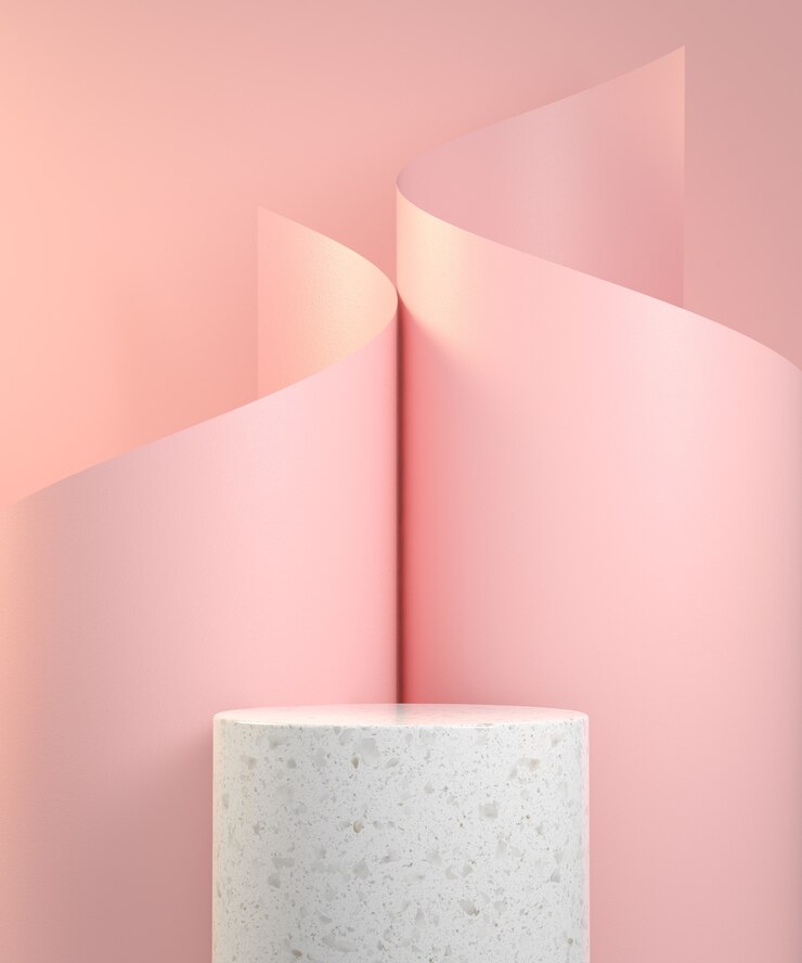 Foto pódio de mármore com curva em espiral de papel rosa