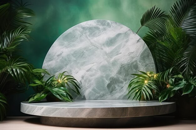 Pódio de mármore de opulência natural brilha em um cenário tropical exuberante, uma fusão de elegância e natureza