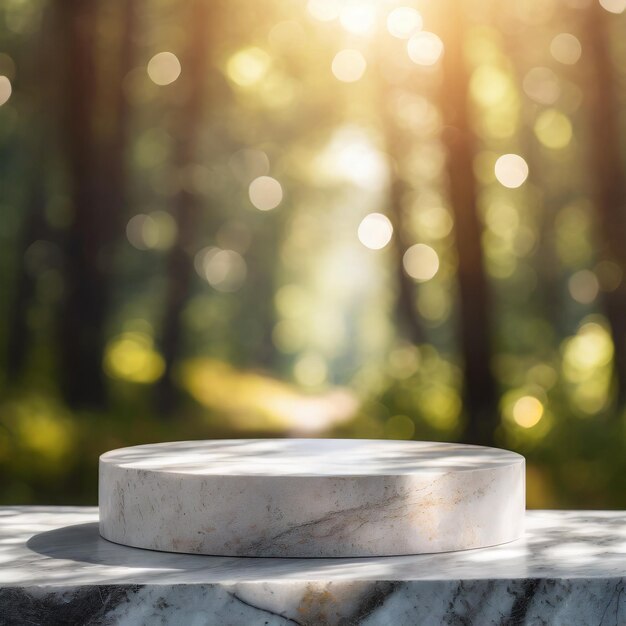 Pódio de mármore em fundo de floresta desfocado com sombras de sol