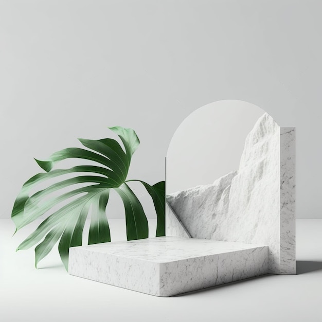 Pódio de mármore para apresentação de produtos folhas de palmeira Pedestal cosmético Generative Ai