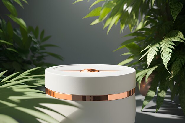 Pódio de mármore redondo na floresta tropical para apresentação do produto e parede verde 3D Generative AI para maquetes de cosméticos de perfumes de produtos de beleza naturais
