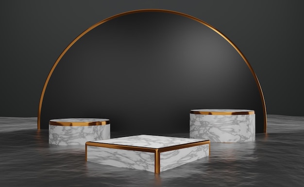 pódio de mármore vazio com superfície de água e formas geométricas em composição cinza para exibição de palco moderno e maquete minimalista fundo de vitrine abstrato Ilustração 3D ou renderização 3D