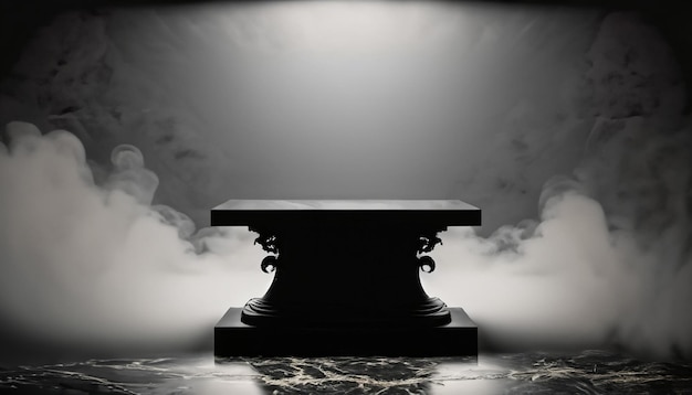 Pódio de mesa de mármore preto vazio com piso de pedra preta em quarto escuro com fumaça