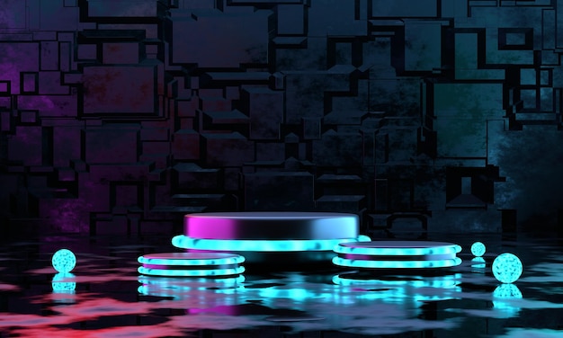 Pódio de metal vazio de renderização 3D com luz neon azul e roxa para exibição do produto Cena de ficção científica
