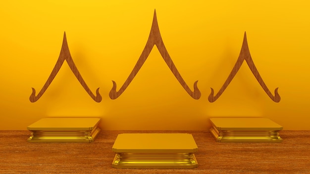 Pódio de ouro ou pódio de estátua de Buda com forma de telhado de duas águas, palco de estilo tailandês para renderização em 3D do produto