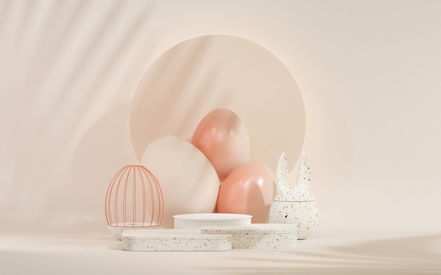 Pódio de ovos de páscoa com vetor de renderização 3d em fundo bege pastel e rosa coral