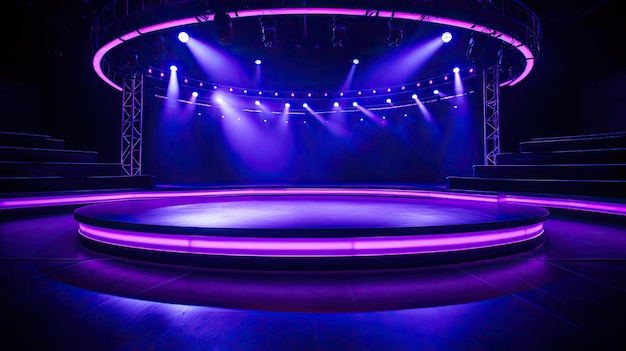 Pódio de palco com círculo de luz magenta e ciano iluminado