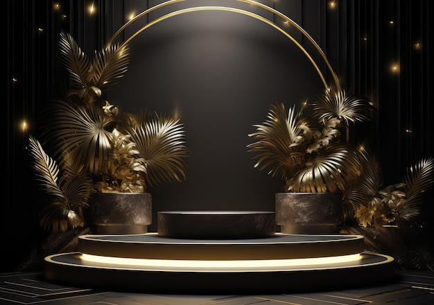 Pódio de palco preto e dourado com folha para produtos de decoração adequados AI Generative