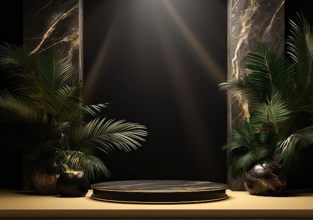 Pódio de palco preto e dourado com folha para produtos de decoração adequados AI Generative