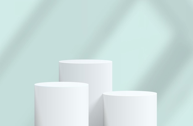 Pódio de pedestal de cilindro 3d realista branco abstrato com pano de fundo azul e sobreposição de sombra Plataforma geométrica de renderização de vetor abstrato Apresentação de exibição do produto Cena mínima