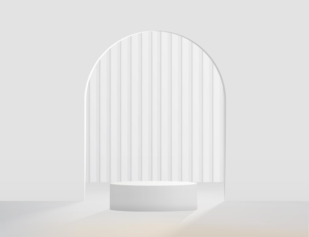 Pódio de pedestal de cilindro 3d realista branco abstrato com pano de fundo em forma de arco Plataforma geométrica de renderização de vetor abstrato com sobreposição de sombra Apresentação de exibição do produto Cena mínima