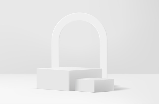 Pódio de pedestal de cubo de canto 3d realista branco abstrato com pano de fundo em forma de arco e sobreposição de sombra Plataforma geométrica de renderização de vetor abstrato Apresentação de exibição do produto Vitrine de cena mínima