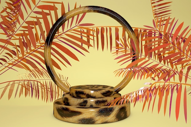 Pódio de pedestal de impressão de leopardo 3d em fundo amarelo pastel tropical. folha de palmeira exótica laranja. exposição de promoção de produtos de cosméticos de beleza.