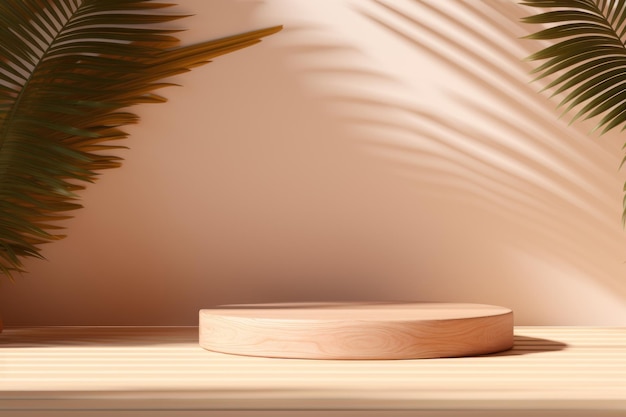 Pódio de pedestal de madeira em pano de fundo bege pastel de sombra de folha de palmeira natural gerado por IA