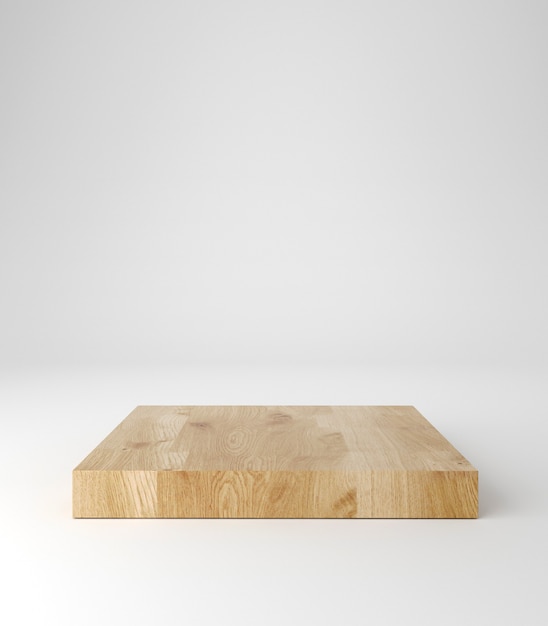 Pódio de pedestal de madeira, formato quadrado, suporte para produtos, renderização em 3d.