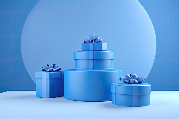 Pódio de pedestal geométrico azul com caixas de presentes sala de estúdio abstrata cena mínima para produtos cosméticos exibição renderização 3D
