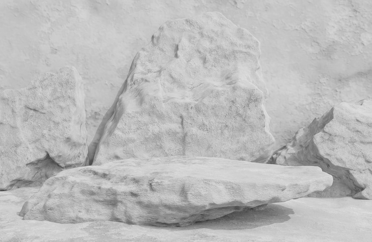 Pódio de pedra cinza para apresentação de produto em estilo luxuoso de fundo de parede de pedra, modelo 3D e ilustração.