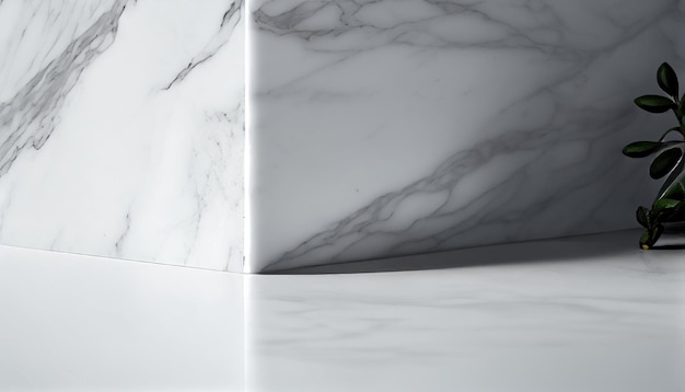 Pódio de pedra de mármore em fundo de concreto branco simula cena com exibição de produto