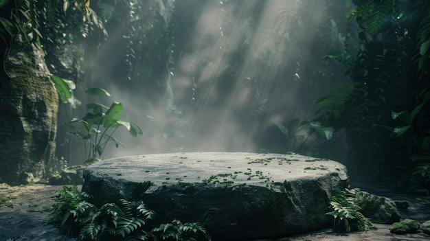 Pódio de pedra plana na floresta mágica, fundo de suporte redondo vazio.