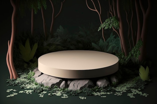 Pódio de pedra plana na ilustração da floresta mágica fundo de estande redondo vazio palco natural para exibição de produtos cosméticos design minimalista Criado com tecnologia Generative AI