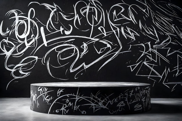 Pódio de pedra preta com graffiti branco