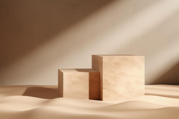 Pódio de pedra vazia para exibição de produtos em uma pilha de areia com sombra de sol
